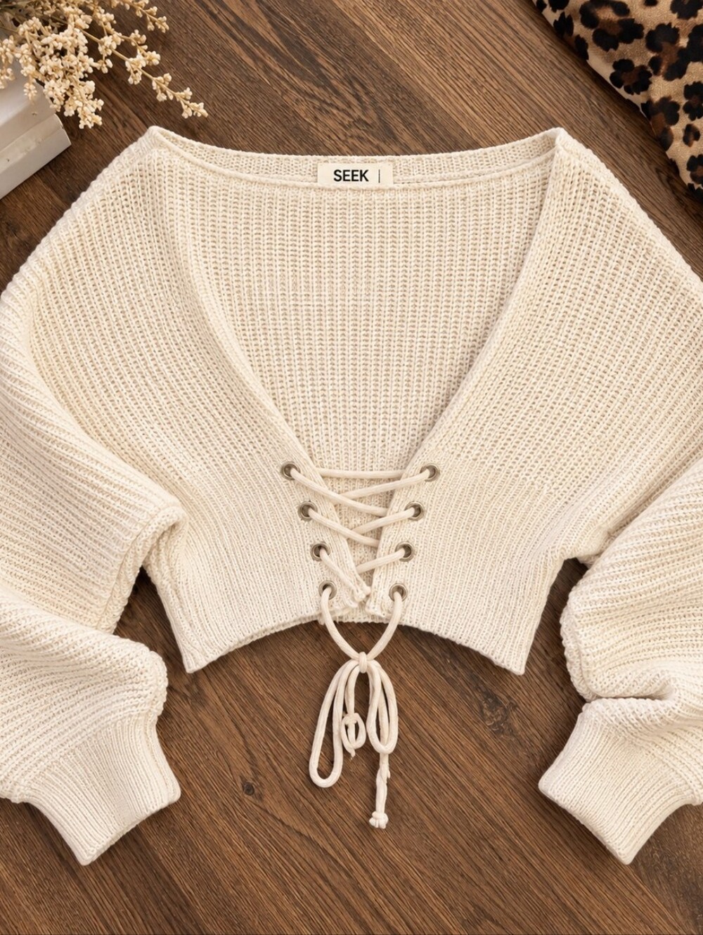 Seek the Label Cross Over Lace Up Sweater Cream Like New
